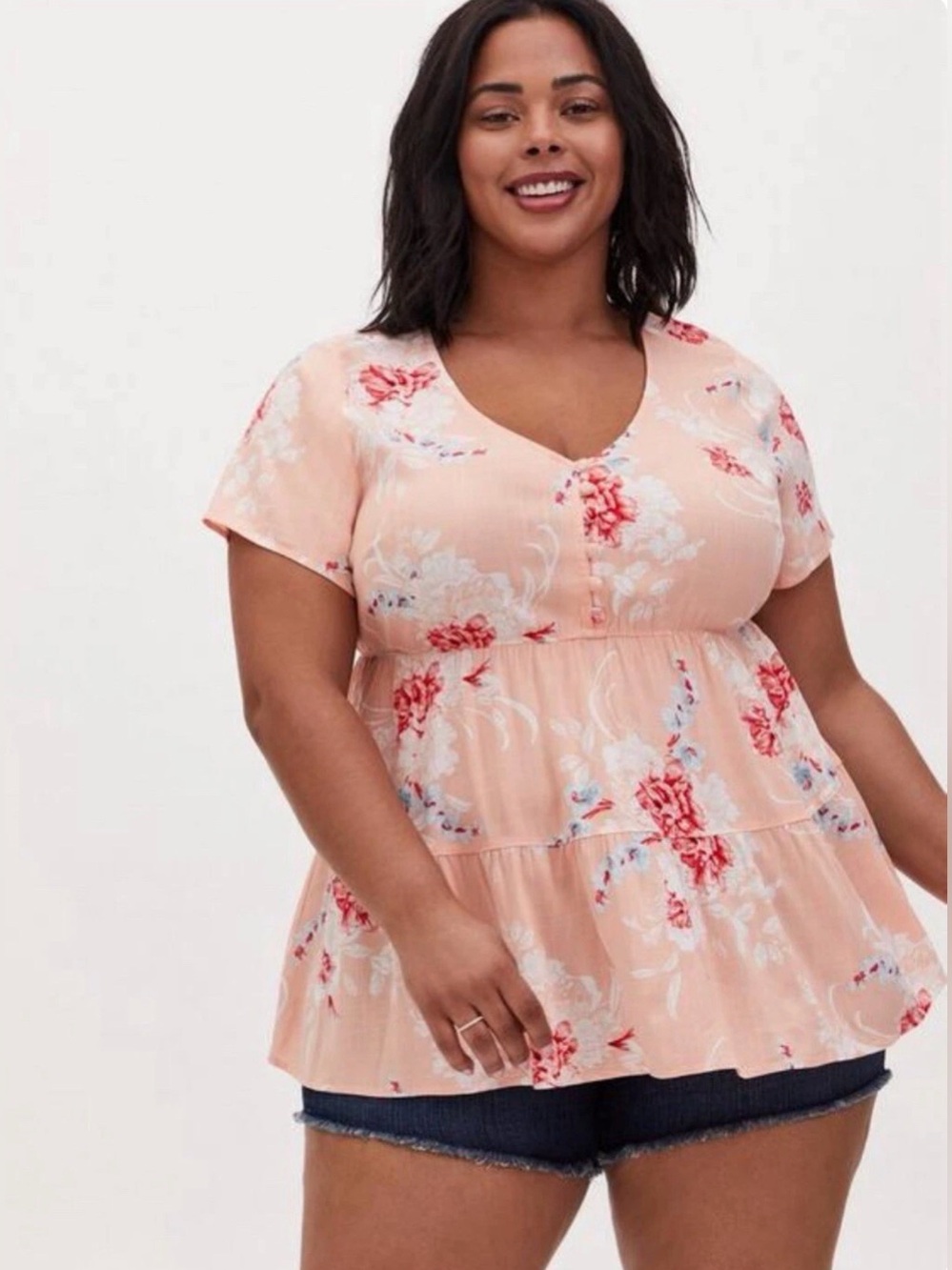 Torrid Rayon Slub Tiered Button-Front Top Size 3X Floral Pink Short Sleeve